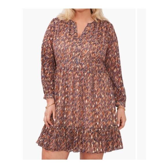 Vince Camuto Dresses & Skirts - Vince Camuto Brown and Gold Long Sleeved Split Neck Mini Dress Large